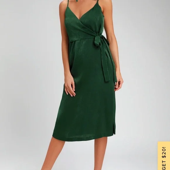 Forest Green Satin Midi Wrap Dress - Picture 1 of 5